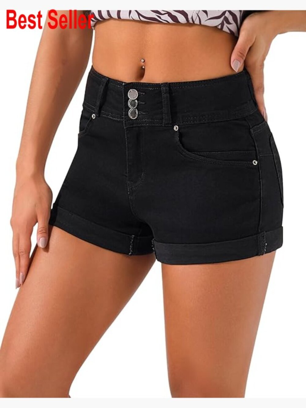 High Waisted Stretchy Denim Shorts with Cuffed Hem
